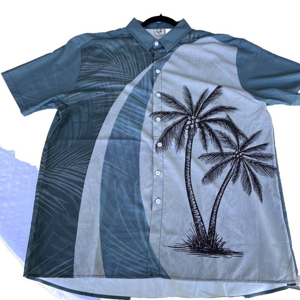 Hardaddy Men's Smokey Blue, Grey and White Palm Tree Beach Shirt XL